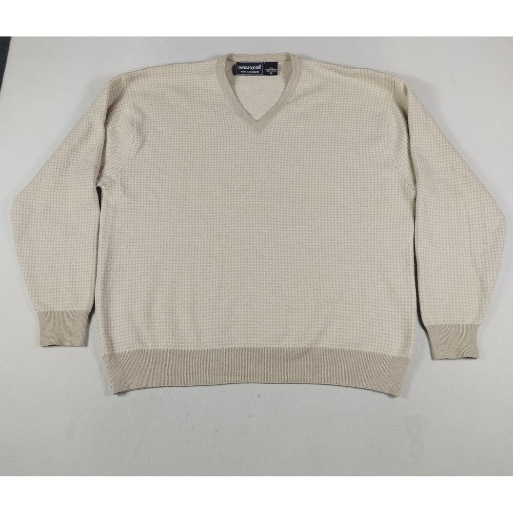 Davis‎ & Squire Sweater Mens XL Beige Cashmere V Neck Waffle Knit Cabincore Soft